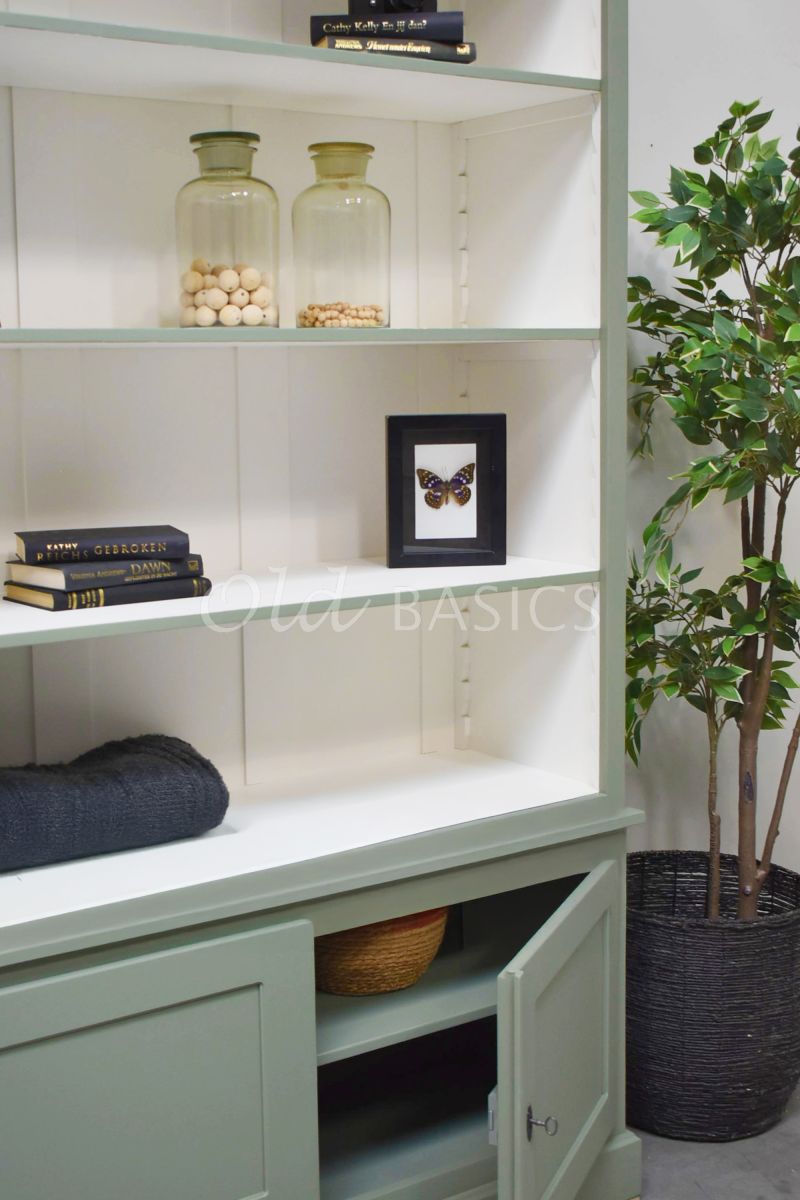 Detail van Boekenkast Monaco, RAL7033, groen, grijs, materiaal hout